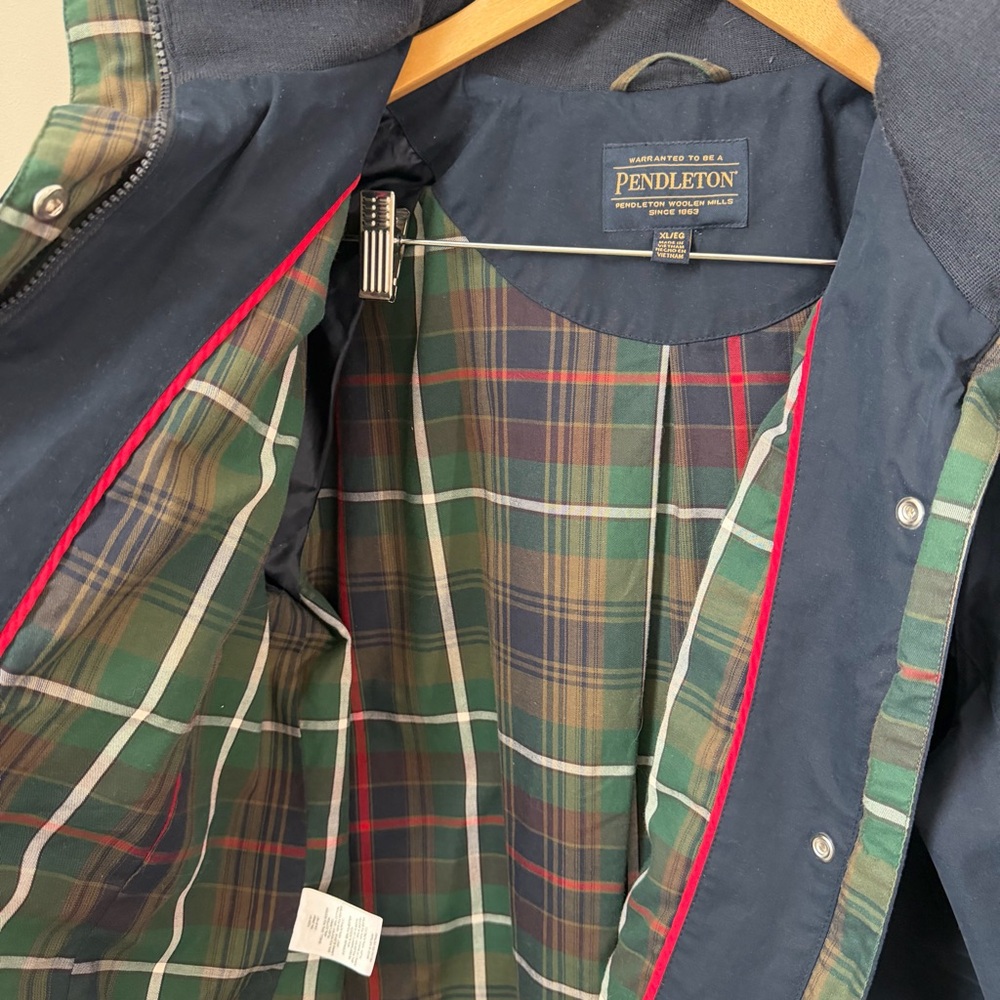 Pendleton Navy Field Jacket Hideaway Hood Plaid Lined Utility Coat XL Heritage G - Picture 2 of 8